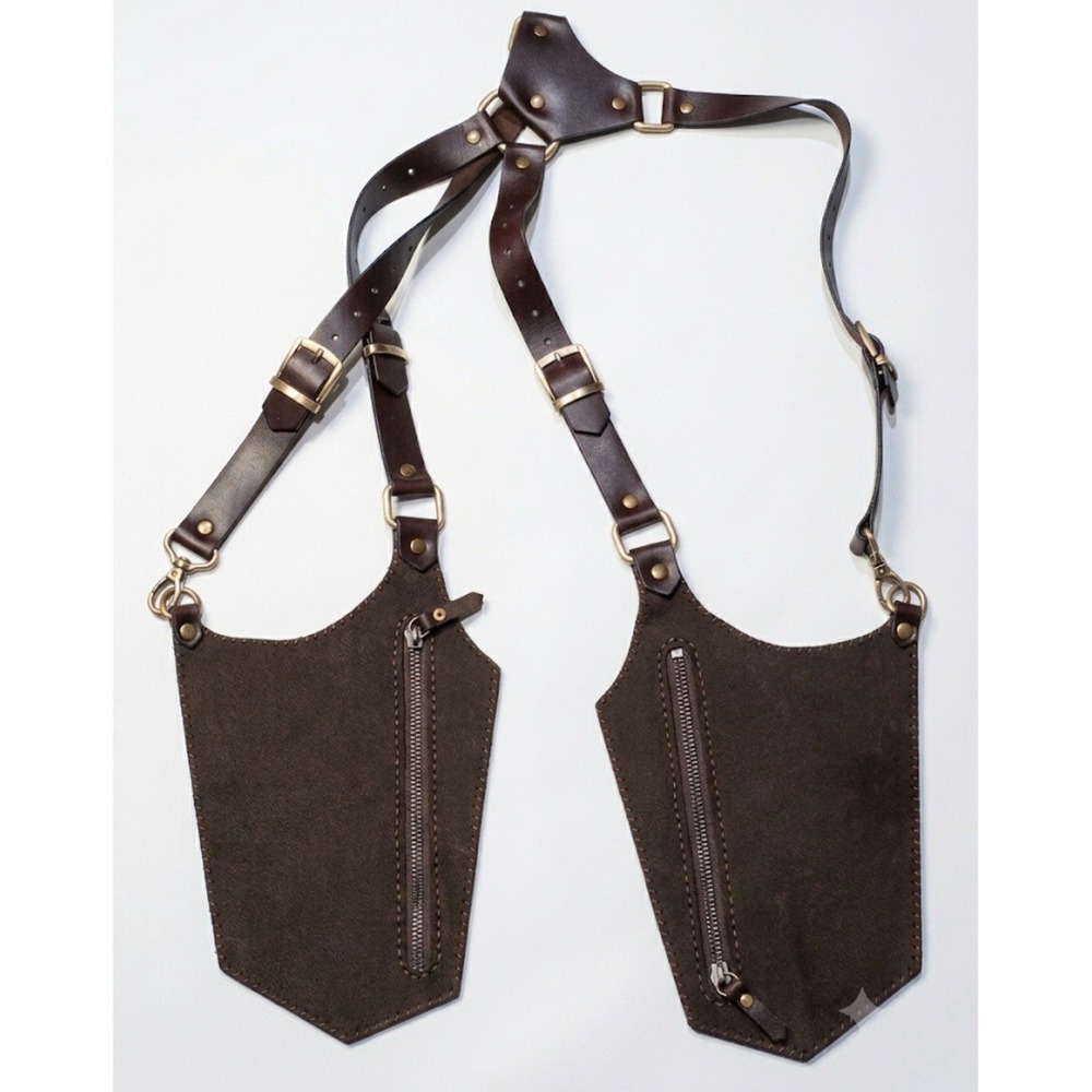 Leather Shoulder Holster Bag Dual Pockets Harness Crossbody Festival Travel Pack